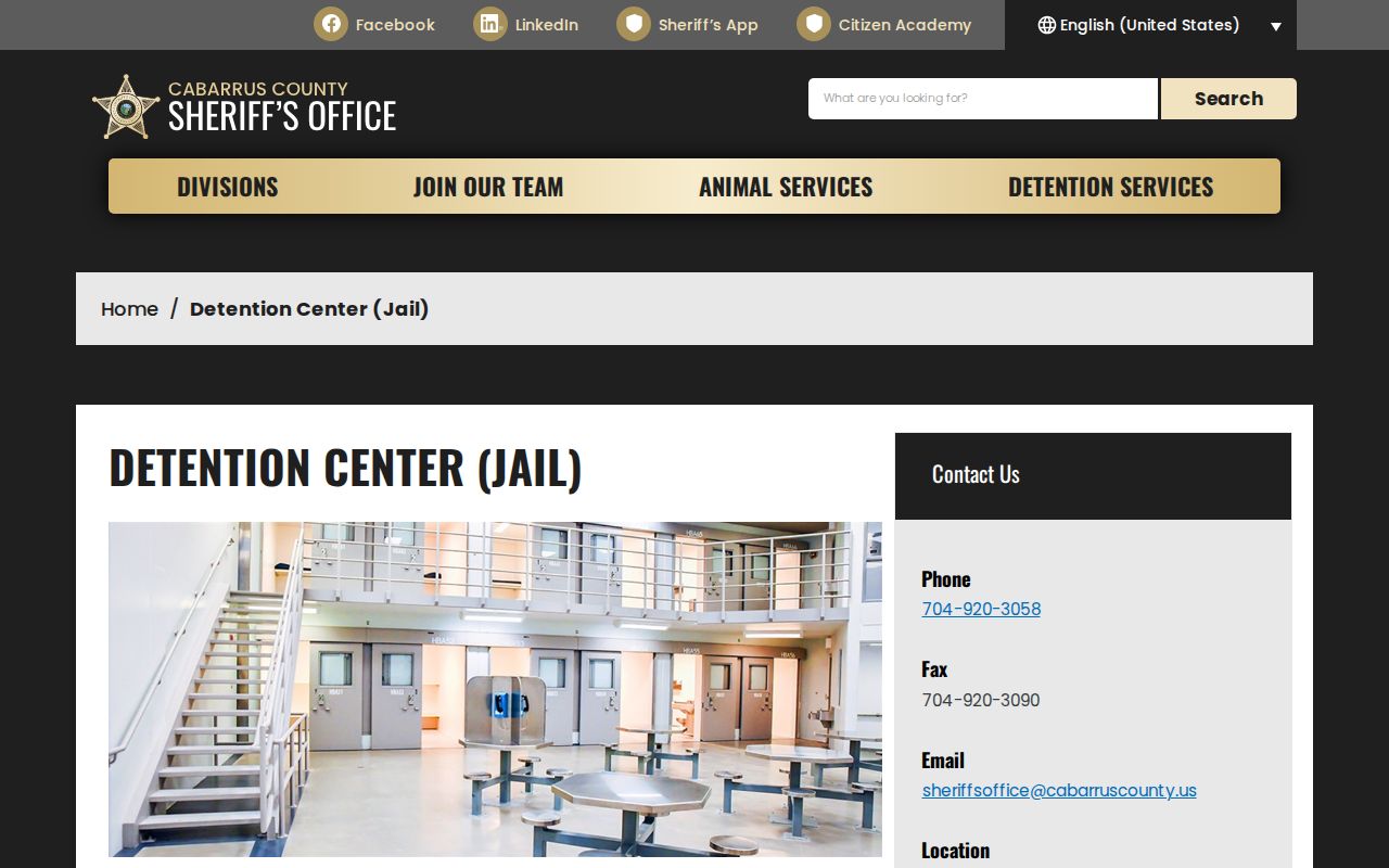 Cabarrus County Sheriff current-incarceration page for 24-hour release checks