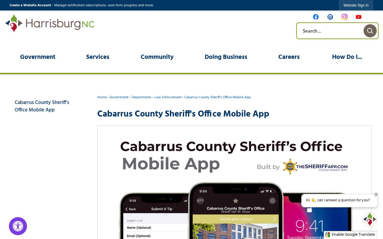 Official Cabarrus Sheriff mobile app description for a 72-hour release check