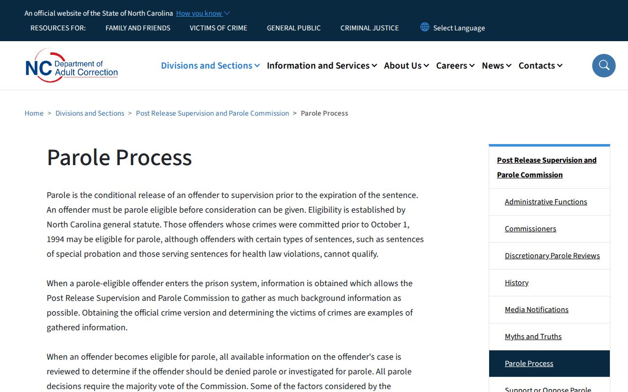 Cabarrus County parole and probation review process page