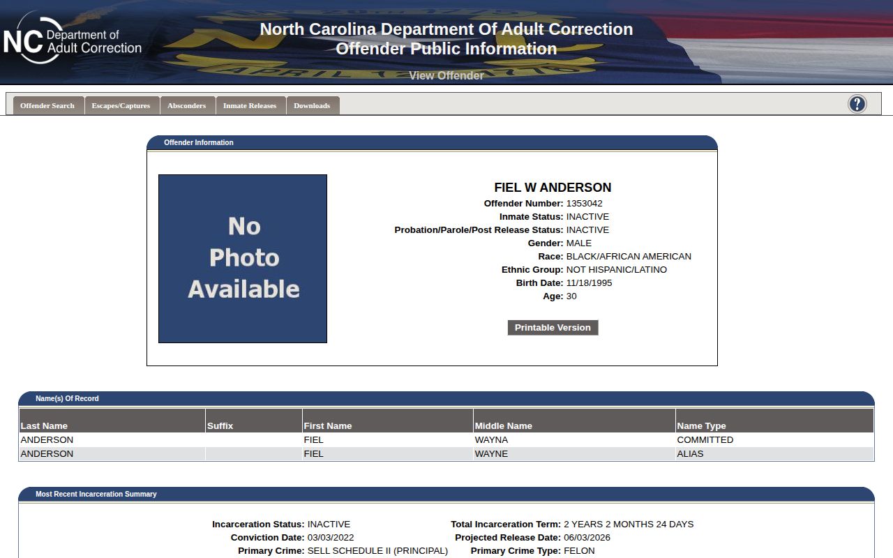 Cabarrus County projected and actual release date fields in an inactive NCDAC record