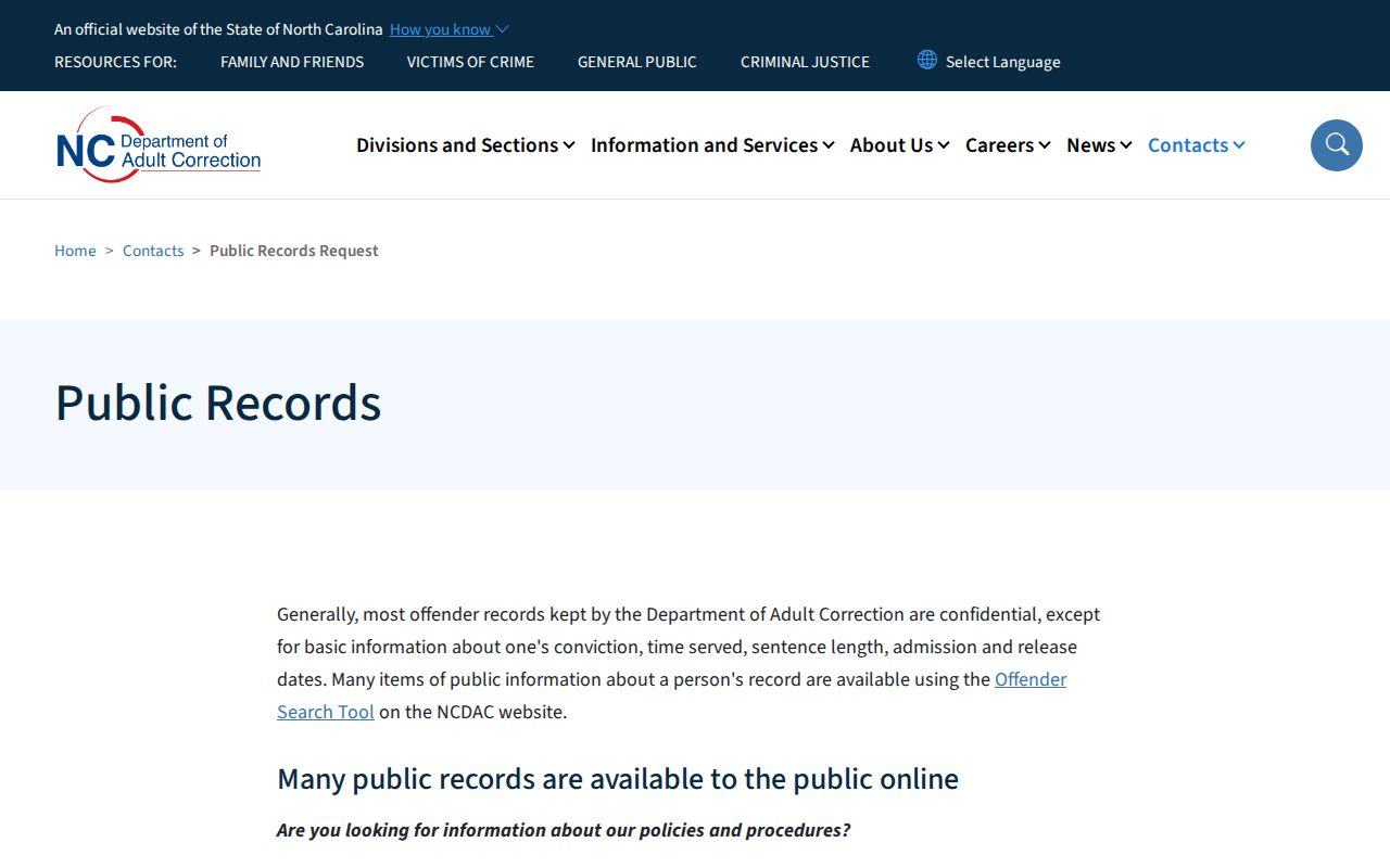 Cabarrus County VINELink release check NCDAC records fallback